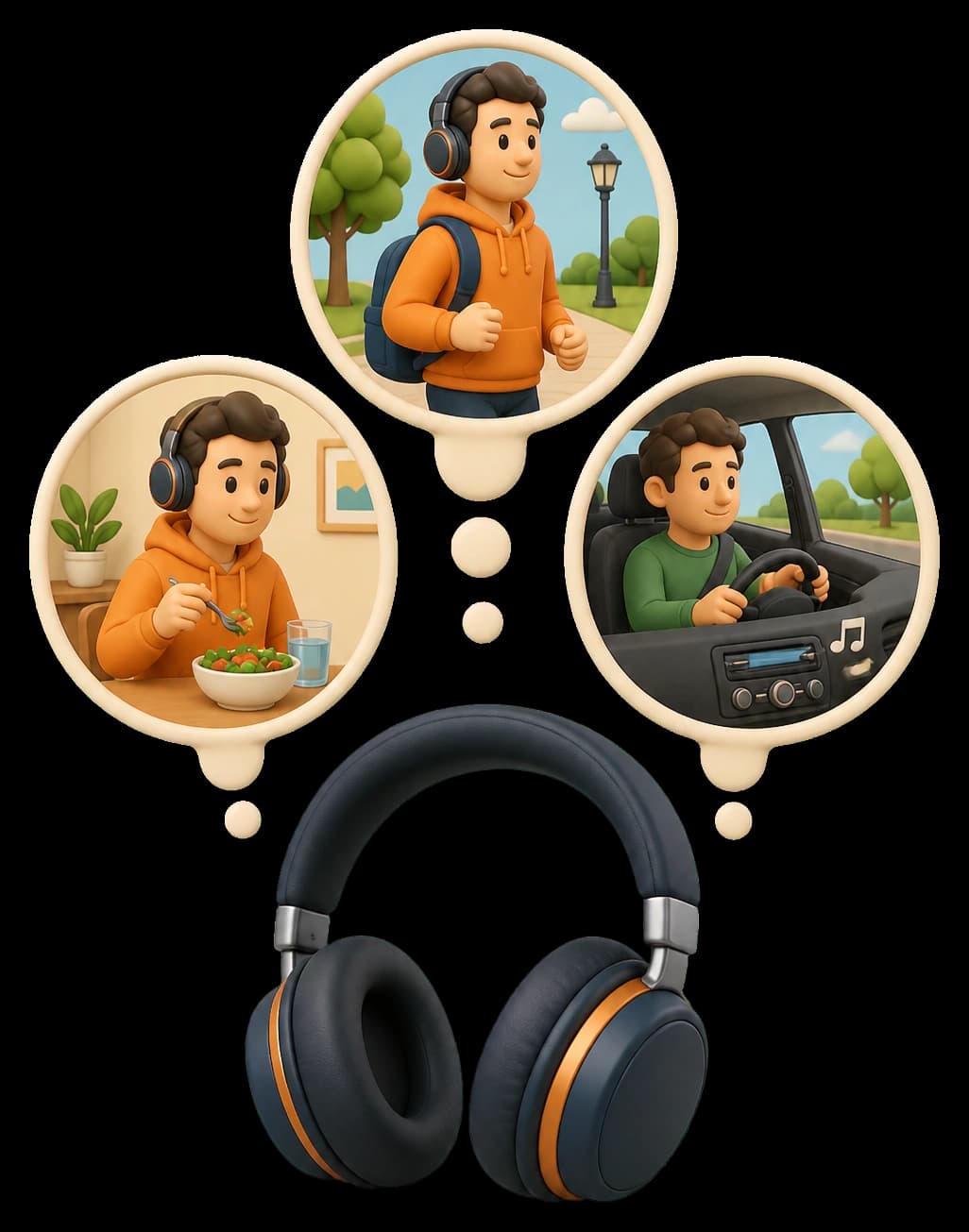 Ilustrasi 3D headphone dan kegiatan menyimak sambil berjalan, makan, dan berkendara