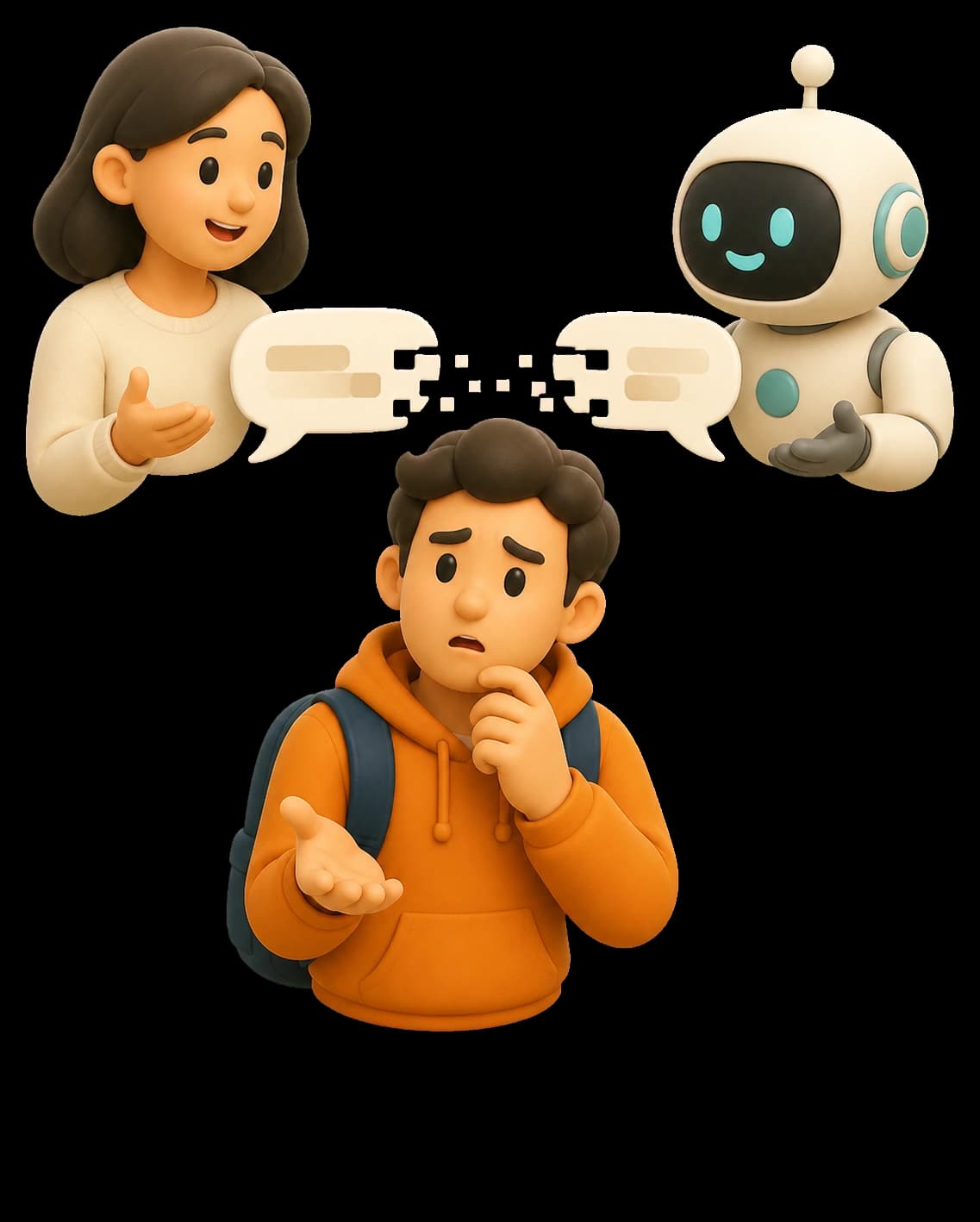 Ilustrasi 3D pelajar yang kesulitan memahami jawaban dari seseorang dan mitra AI